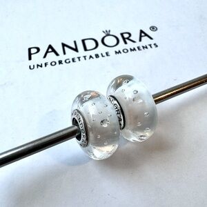 Pandora Lot/2 White Effervescent Murano Glass Charm with Clear Cz